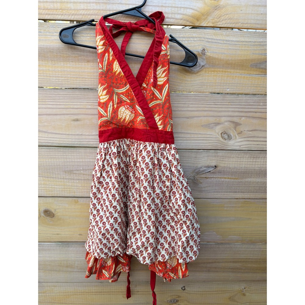 Two's Company Floral homemade Print Halter Apron Red Orange Cotton Ruffle Hem